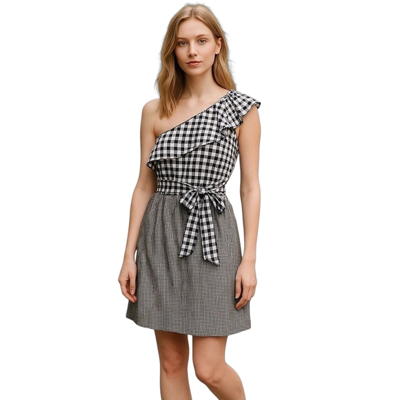 Calvin Klein Black White Gingham One Shoulder Ruffle Tie Waist Midi Dress 4 NWT - Picture 1 of 9